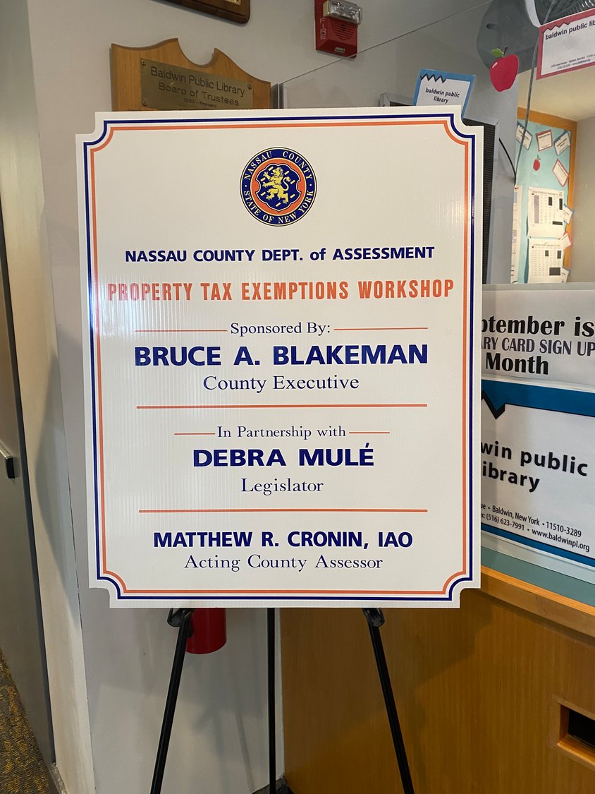 The property tax exemptions workshop at the Baldwin Public Library helped county residents file applications for property tax exemptions, courtesy of the Nassau County Department of Assessment.