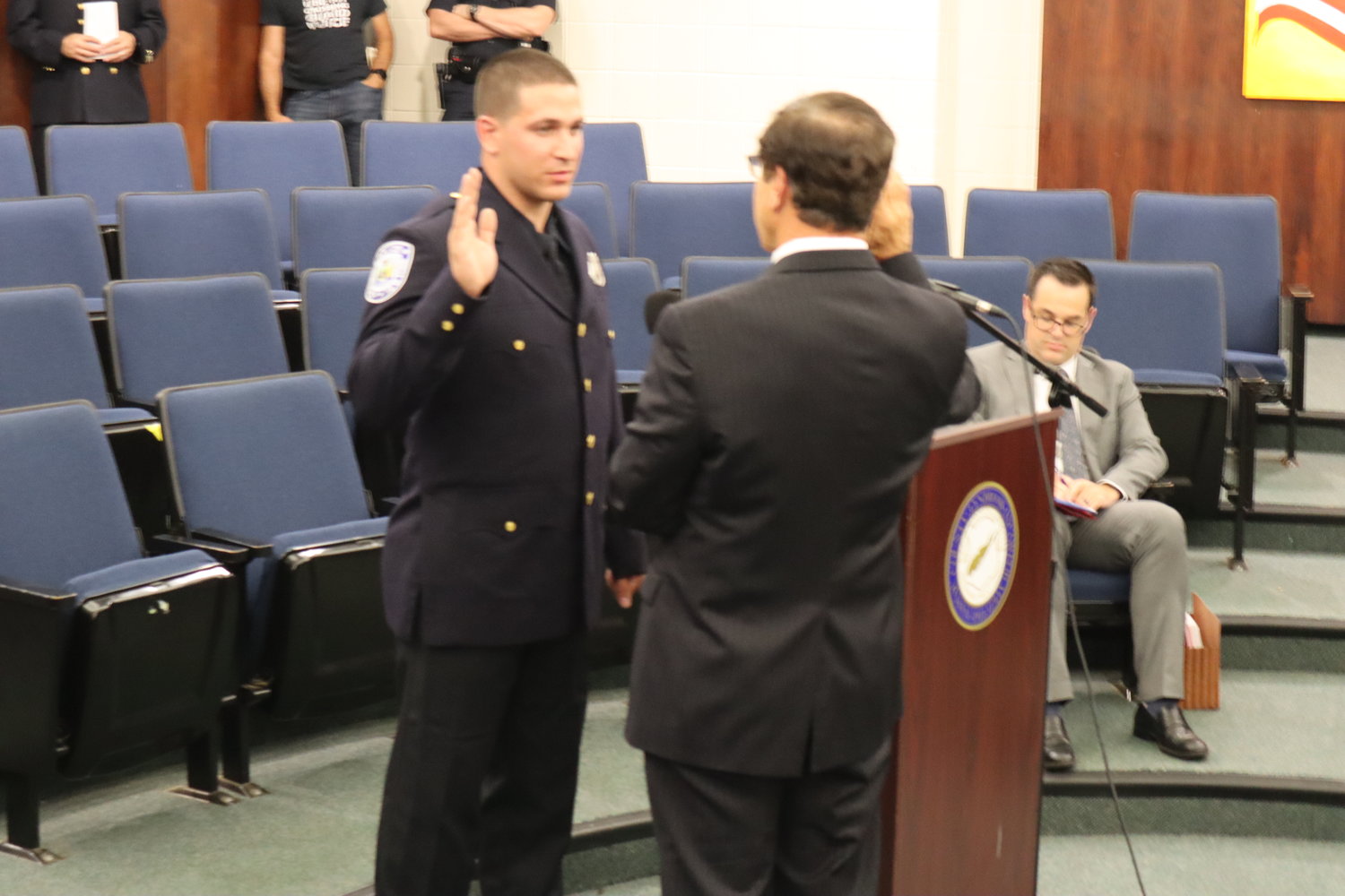 Lynbrook police officer Joshua Crowley was sworn in at the Lynbrook village board meeting on Sept. 12.