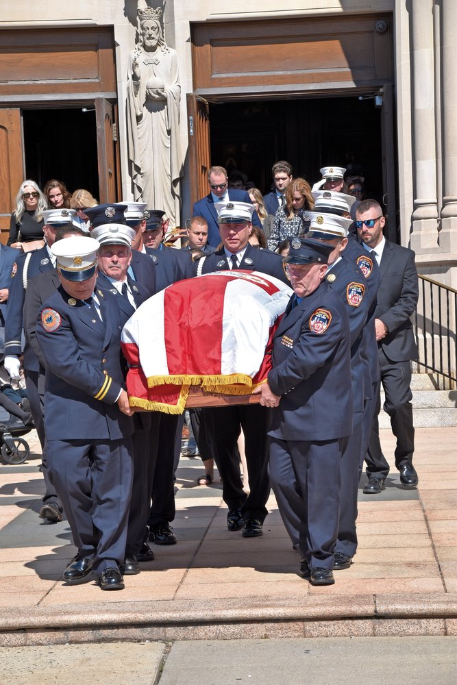 Stephen J. Geraghty, a retired FDNY battalion chief and a Rockville Centre native, died last week of an illness related to the Sept. 11 attacks. His casket was transported by the Fire Department to St. Charles Cemetery in Farmingdale.