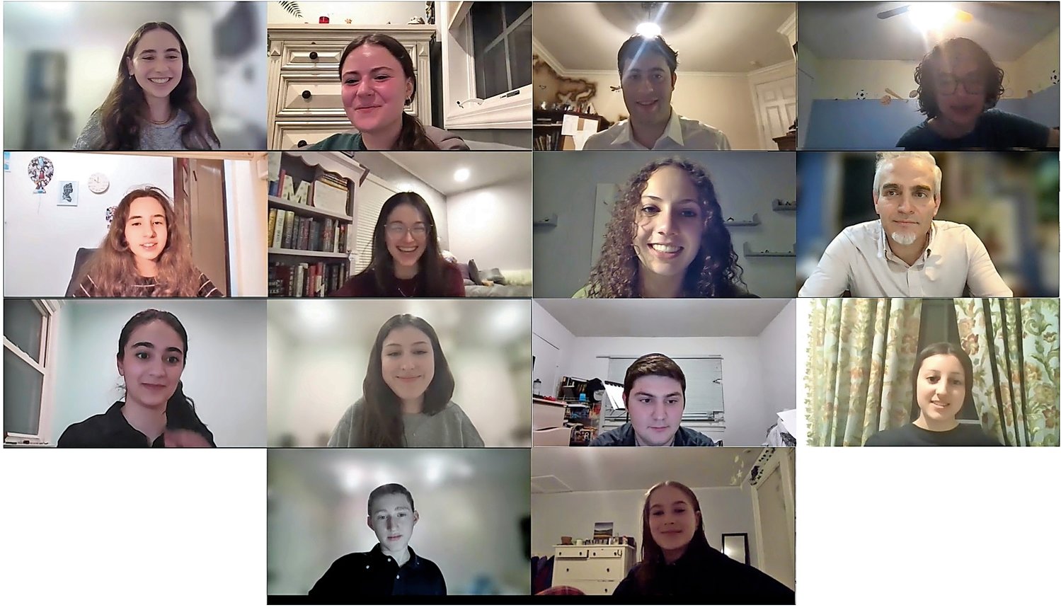 A virtual meeting of the South Shore Online District. From left at top were Kaitlin Pollack and Dasi Weill, of HAFTR; Benjamin Cohen, of Katz Yeshiva; and Sam Passner, of the Idea School. From left in the next row were Ilana Greenberg, of North Shore; Maytal Chelst, of Central; Maya Karasanto, of HAFTR; and Alex Libkind, the district coordinator. Below them, from left, were Batya Kimyagarov, of SKA; Lulu Morse and Andrew Bereger, of HAFTR; and Chole Mastour, of North Shore. At bottom, from left, were Leo Elgen, of Ramaz, and Isabel Waitman, of the Salantar Akiba Riverdale Academy.
