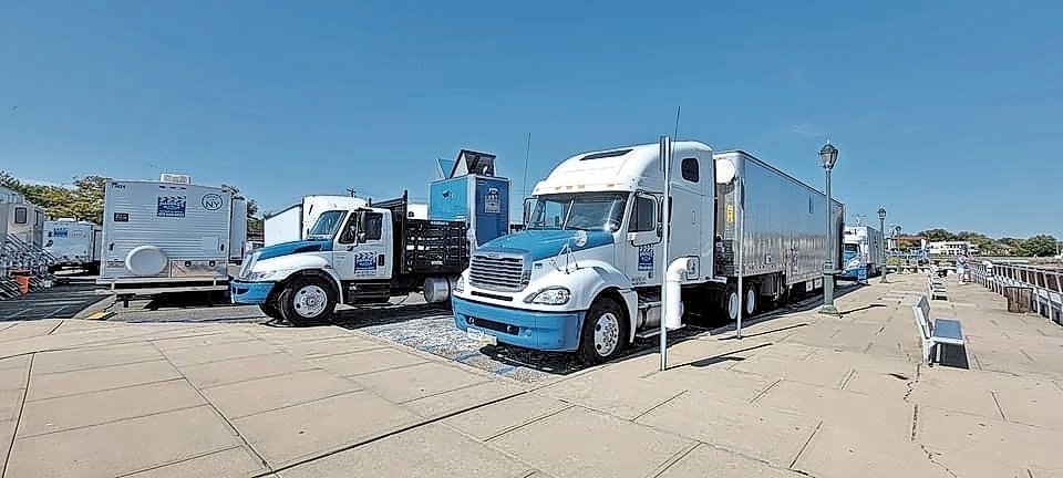 Equipment trucks for the movie ‘No Hard Feelings’  in the Woodmere Docks parking lot on Sept. 21.