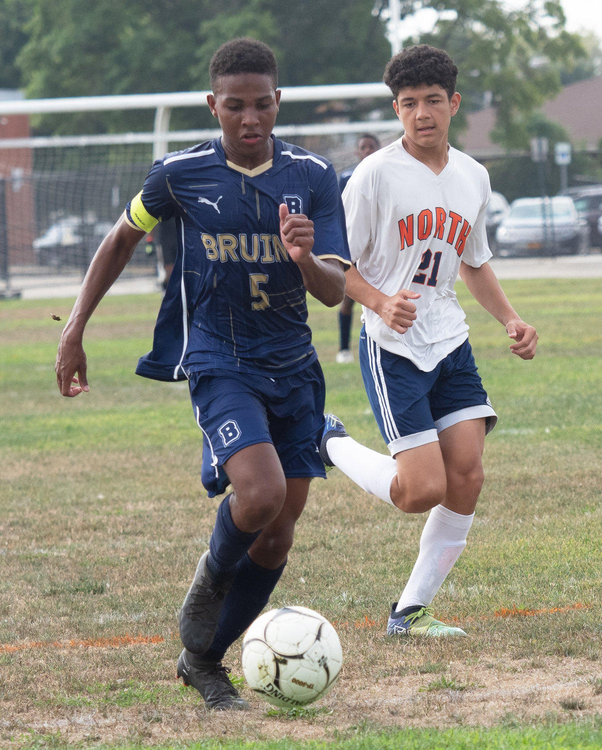 Justin Jean-Louis, left, had a clutch goal and an assist for the Bruins in their feel-good 2-1 victory over Syosset on Sept. 28.