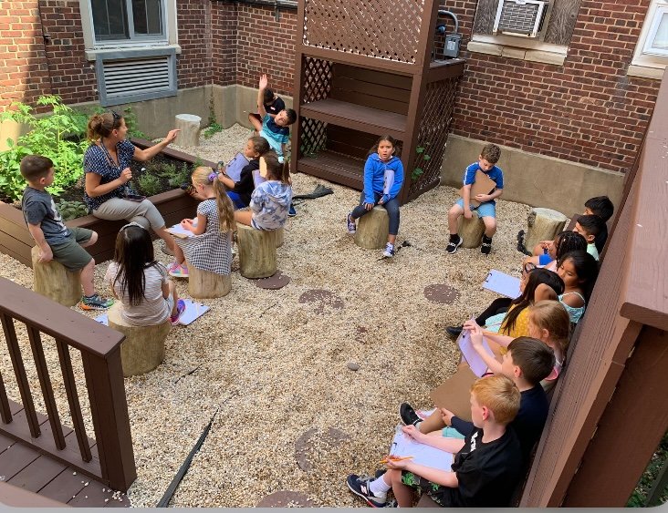 Francis X. Hegarty second graders enjoy learning in the school’s outdoor classroom.
