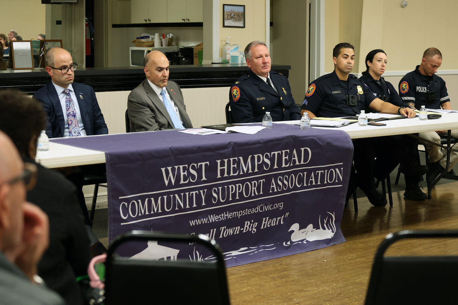 Assemblyman Ed Ra, Legislator John Giuffrè, NCPD Inspector Gregory Stephanoff and Officers Ryan Surillo, Angelica Caggiano and Mike Destefano fielded questions from West Hempstead residents concerned about traffic safety following a deadly accident.