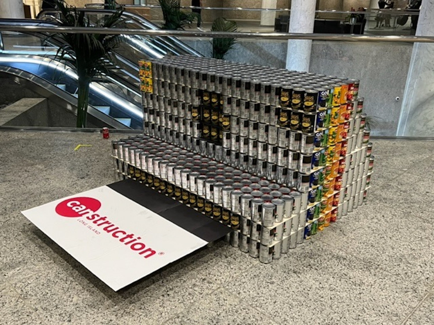 A close-up look at the award-winning sculpture of a Polaroid camera created by the East Rockaway High School team at the Canstruction Long Island competition.