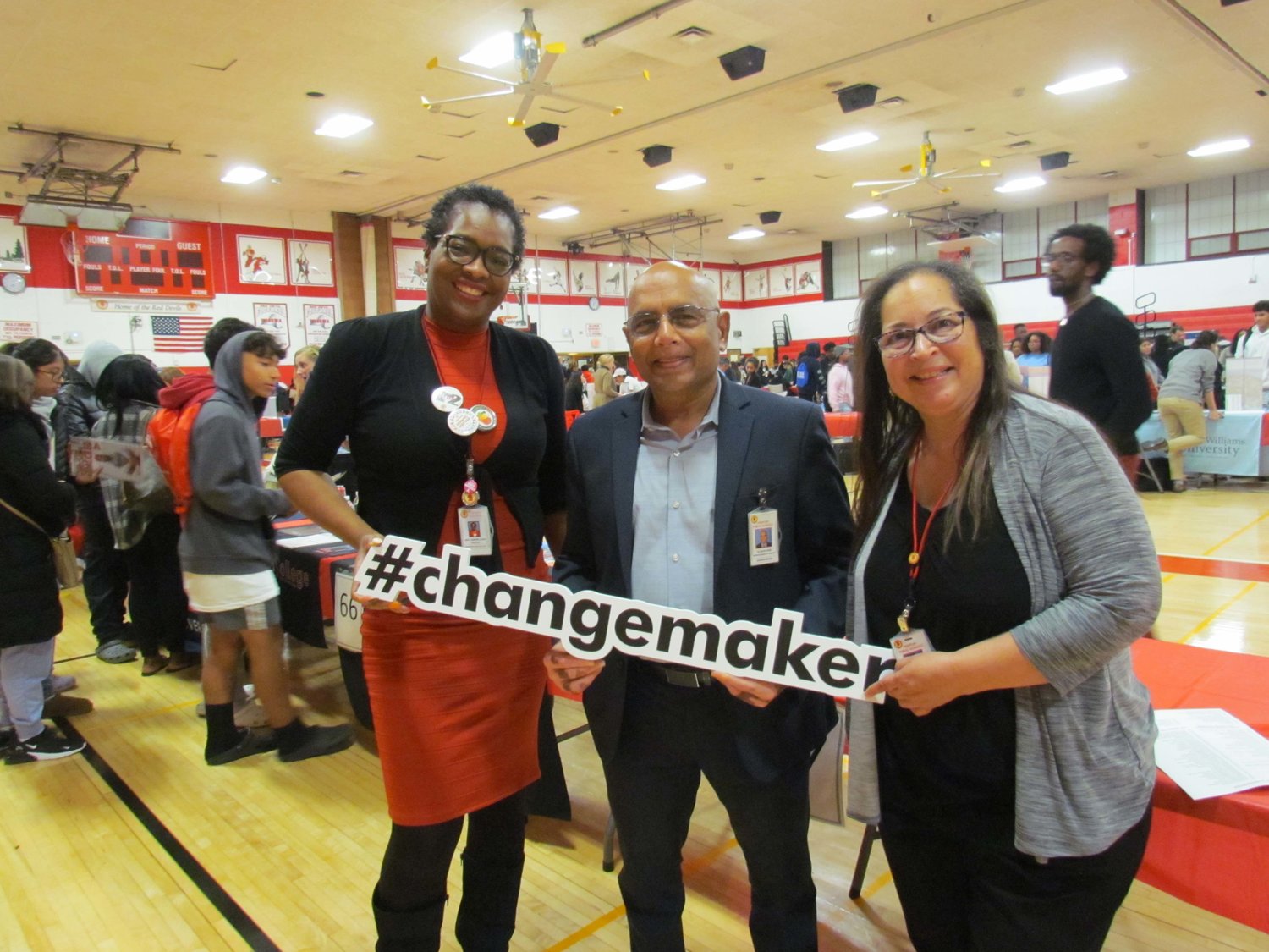 From left, Freeport High School Principal Gisselle Campbell-Ham, Superintendent of Schools Dr. Kishore Kuncham and Director of Guidance Emma Perdomo during the college fair.