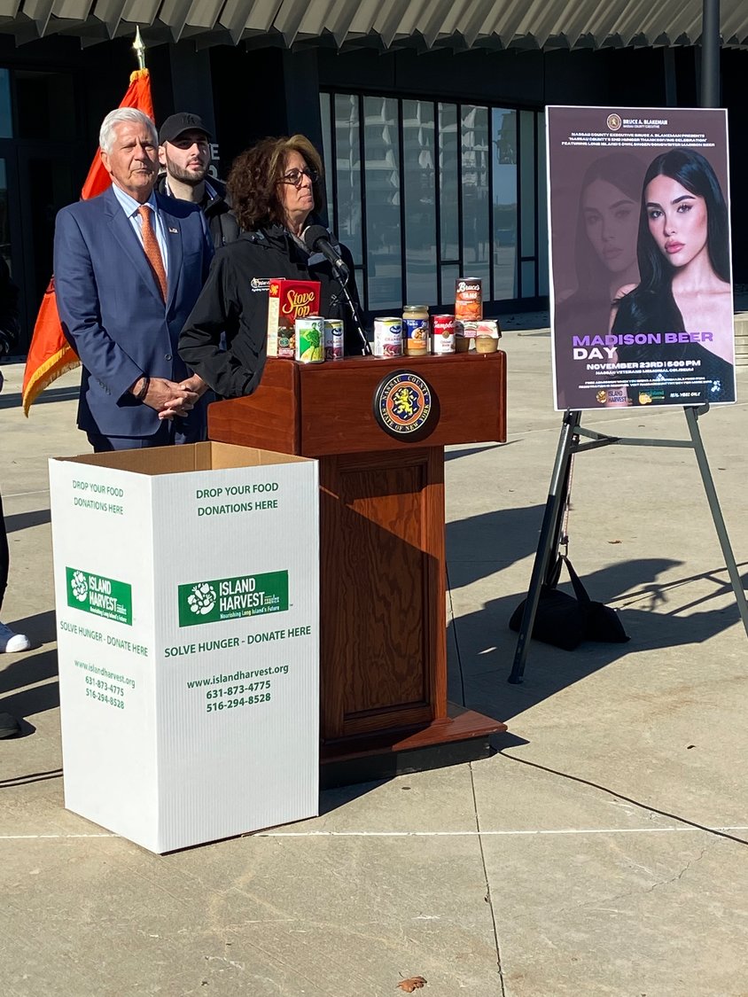 Randi Shubin Dresner, the president and chief executive of Island Harvest, thanked Nassau County Executive Blakeman for including her organization and Long Island Cares in the ‘End Hunger Thanksgiving Celebration.’ The free event — set for Wednesday, Nov. 23 — will be hosted by Long Island-born singer-songwriter Madison Beer, and will double as a food collection drive.