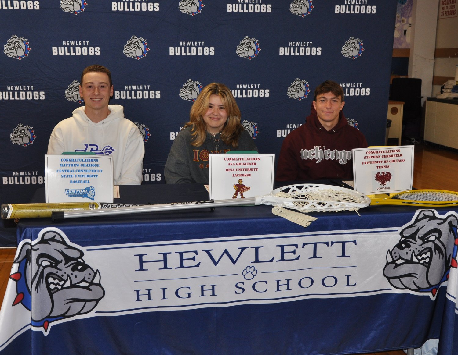Hewlett High School seniors Matt Graziose, Ava Giugliano and Stephen Gershfeld signed national letters of intent to play college sports.
