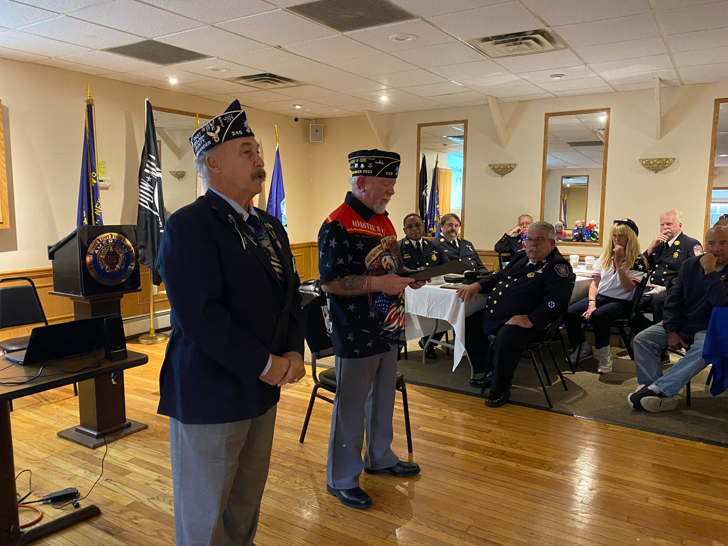 American Legion Commander Stu Cohen, right, honored Alfred Ficalora, an Army veteran.