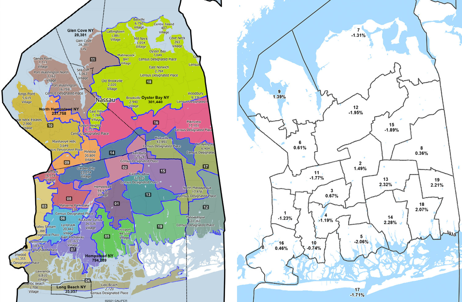 The members of the Nassau County Temporary Districting Advisory Commission delegations presented their initial drafts of redistricted county legislative maps on Nov. 10. The Republican and Democratic maps are shown above.