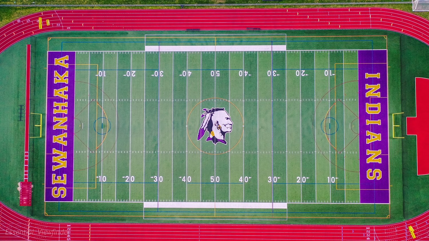 An aerial photo of the Sewanhaka High School football field and its mascot. The school will have to rename its sports teams.