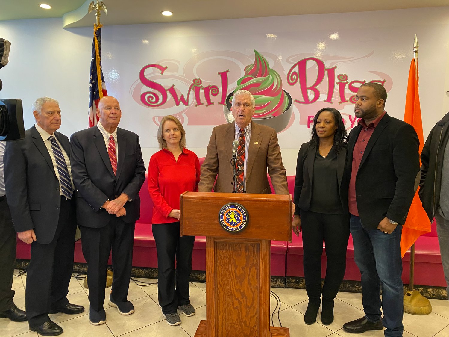 Local merchants, business owners, and county officials to kick off their new holiday shopping season campaign, which encourages Long Island shoppers to shop and dine locally, at Swirl Bliss on Dec. 7.