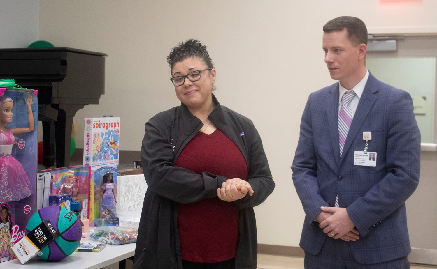 Luz Bove was overcome with emotion at LIJ Valley Stream when she saw all the Christmas gifts made possible by Chris O’Brien and other Northwell employees.