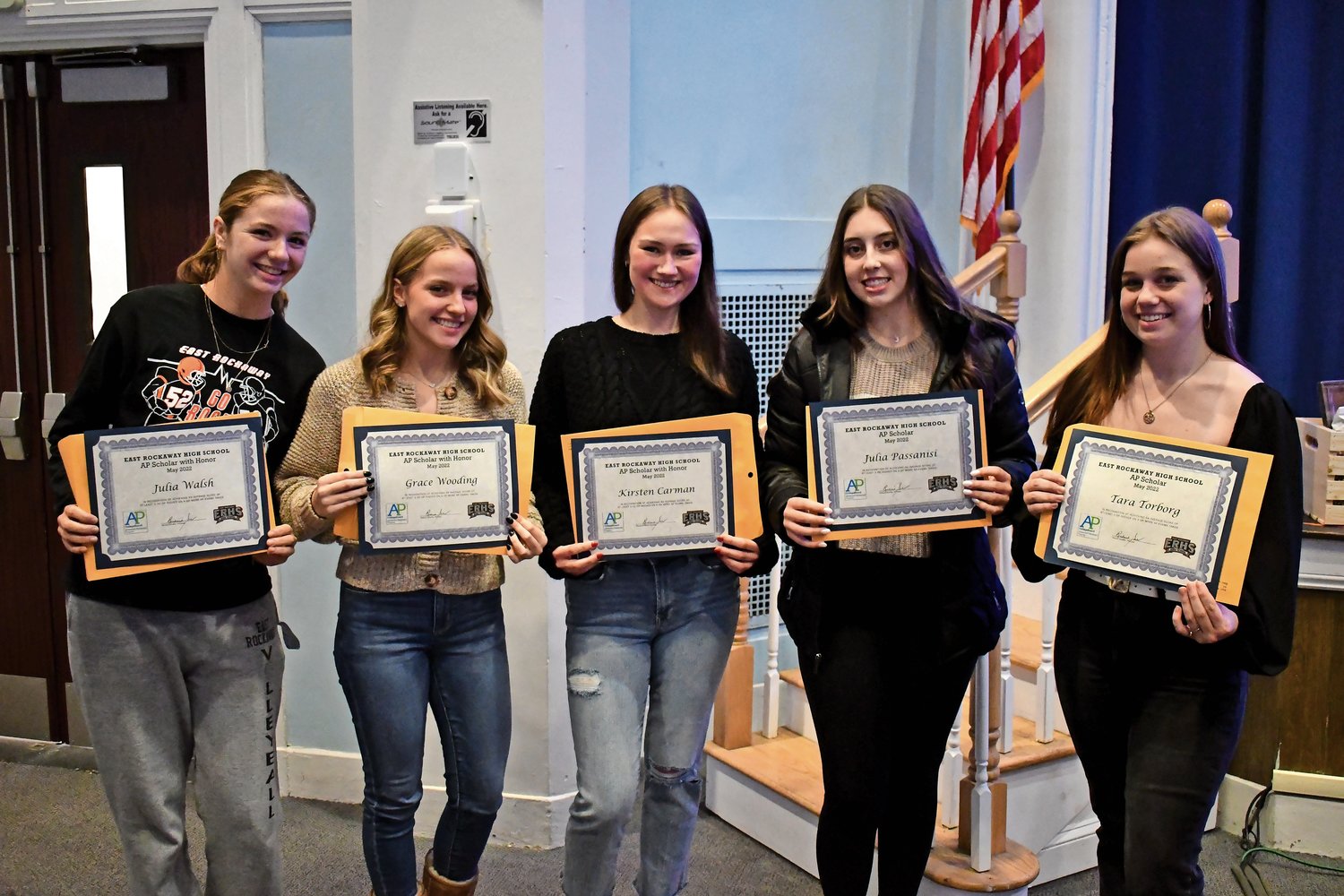 East Rockaway High School students Julia Walsh, left, Grace Wooding, Kirsten Carman, Julia Passanisi and Tara Torbor received their AP Scholar awards at the board of education meeting on Dec. 13.