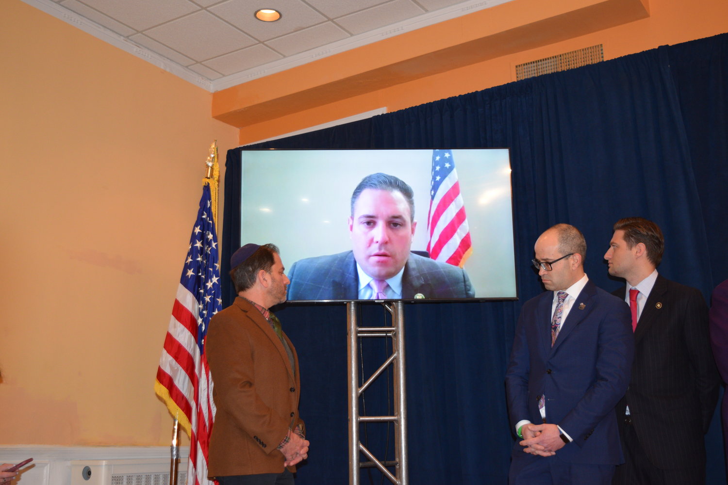 Congressman Anthony D'Esposito joined the news conference via Zoom to condemn Santos. Nassau Republicans announced that all calls from Santos's constituents will be directed to both D'Esposito and Rep. Andrew Garbarino.