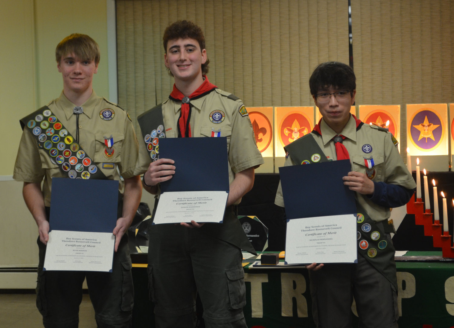 Ryan Noonan, left, Joseph Barberesi and Nicholas Hernandez were celebrated for their Eagle achievement at a Court of Honor ceremony on Jan. 5.