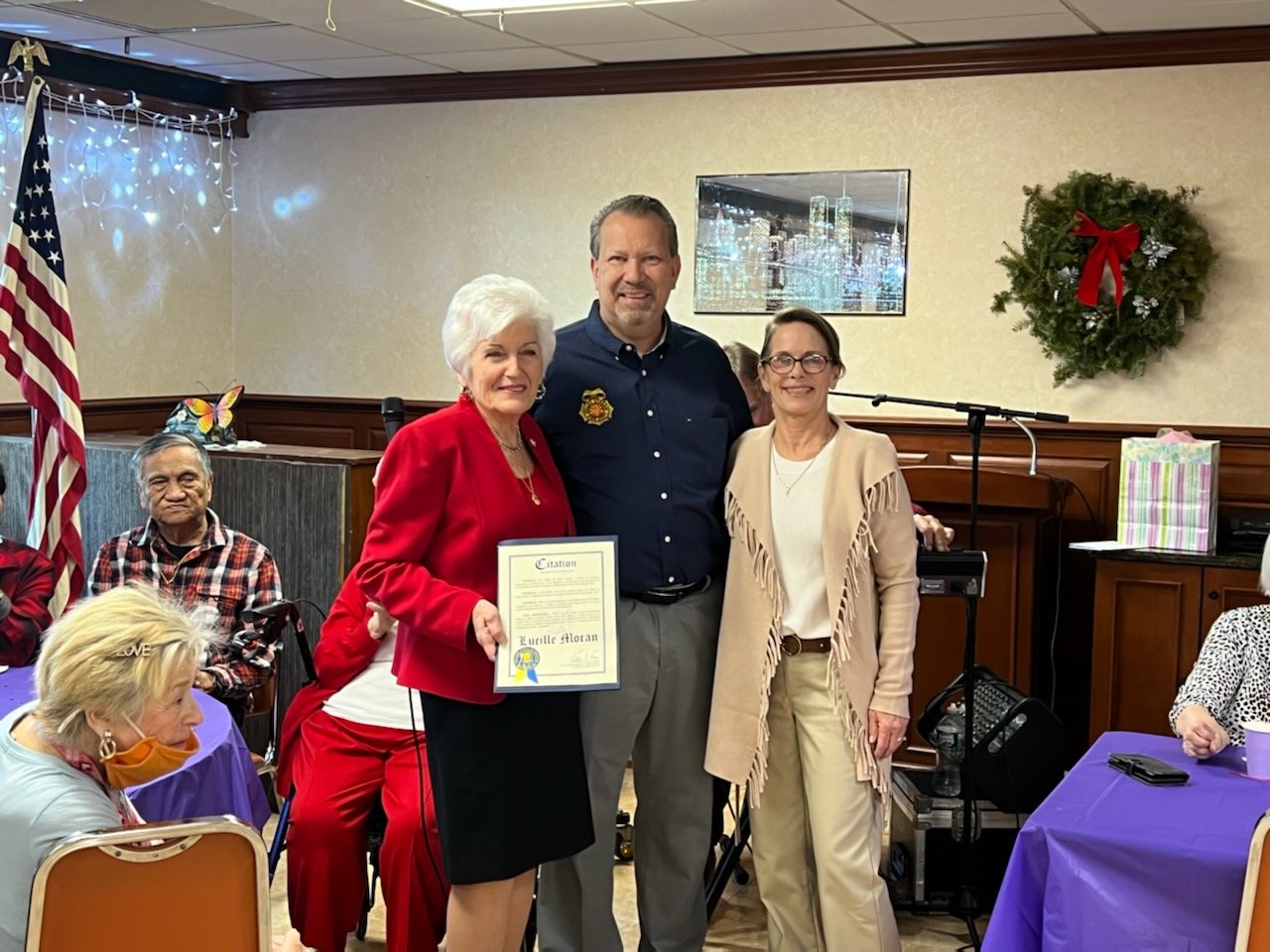 Lucille Moran, left, with Valley Stream Mayor Ed Fare and Charles J. Monica Senior Village’s new executive director, Pam Cappiello.