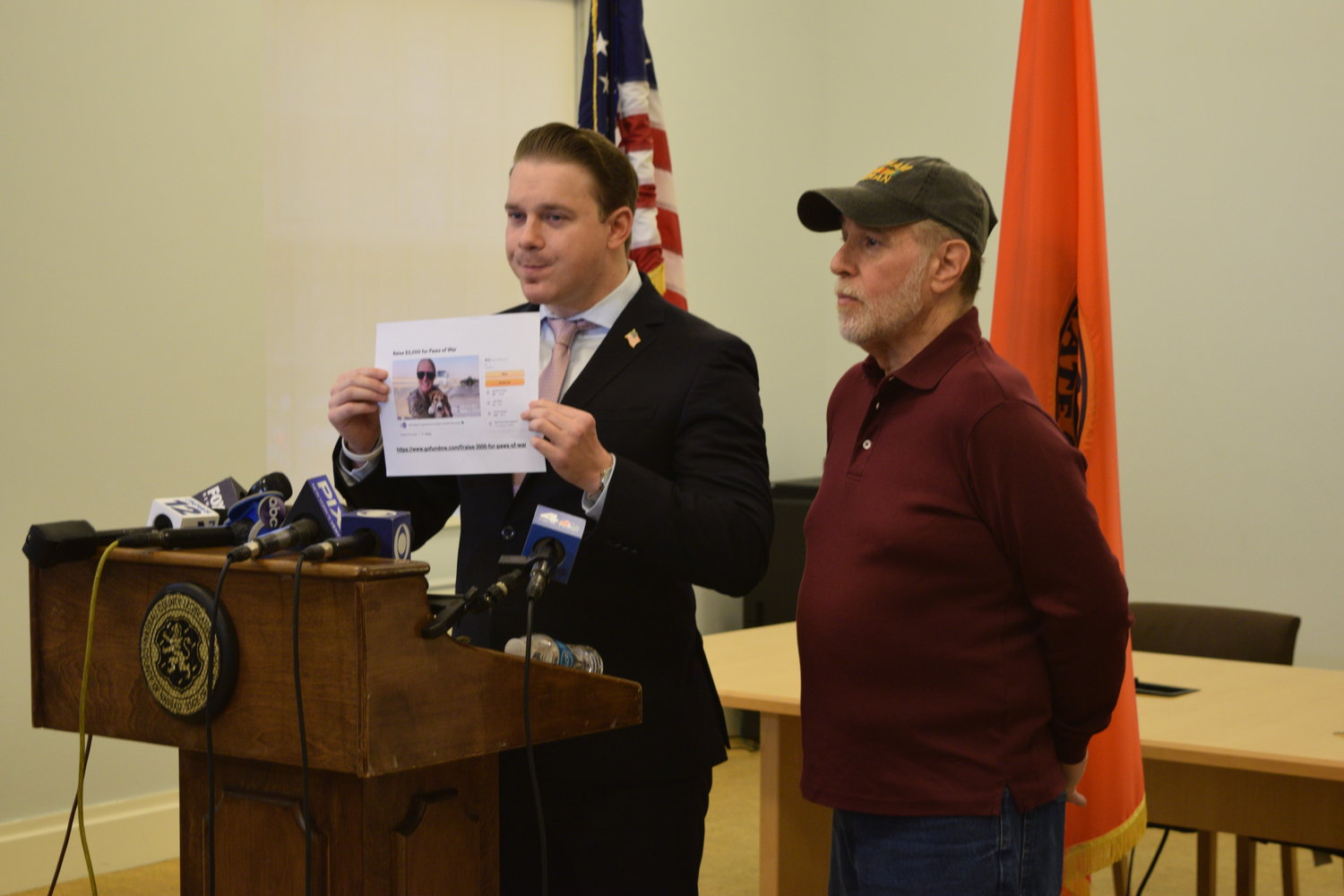 Nassau County Legislator Josh Lafazan explained that he had started a GoFundMe page to raise $3,000, the exact amount Santos is alleged to have stolen from Osthoff, for the animal protection and service dog training organization Paws of War.