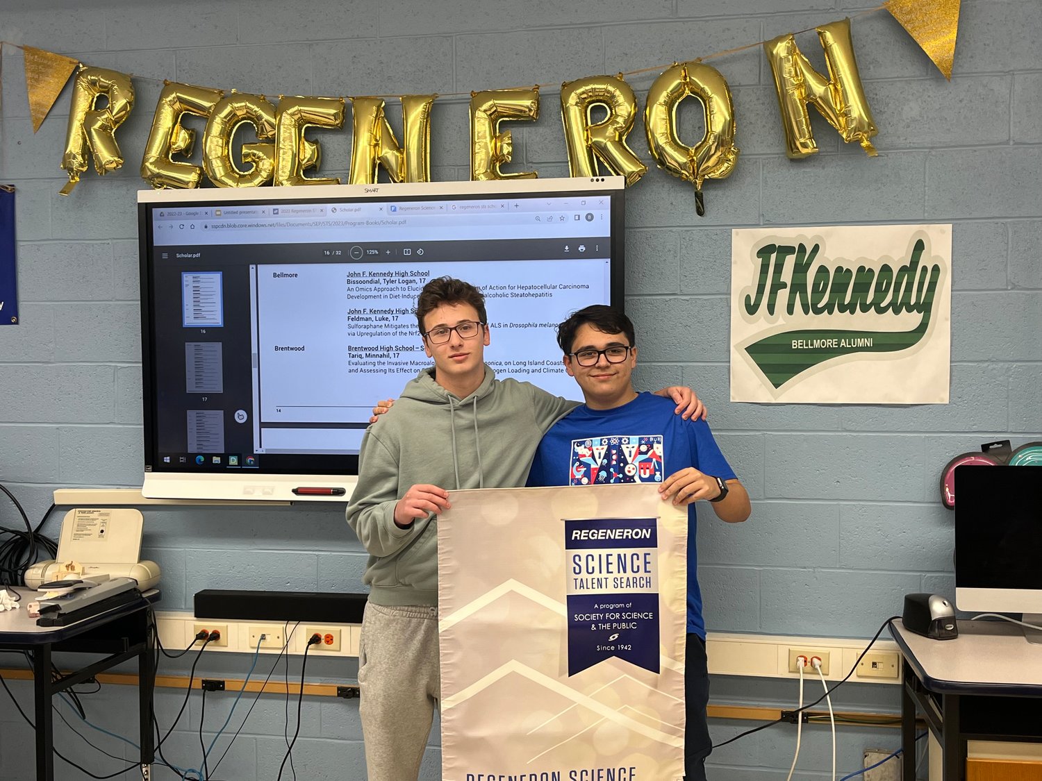 Luke Feldman and Tyler Bissoondial on the day they were announced as semifinalists in the 2023 Society for Science & Public Science Talent Search competition. This is the 19th consecutive year at least one student in John F. Kennedy High School’s program has been named a semifinalist.
