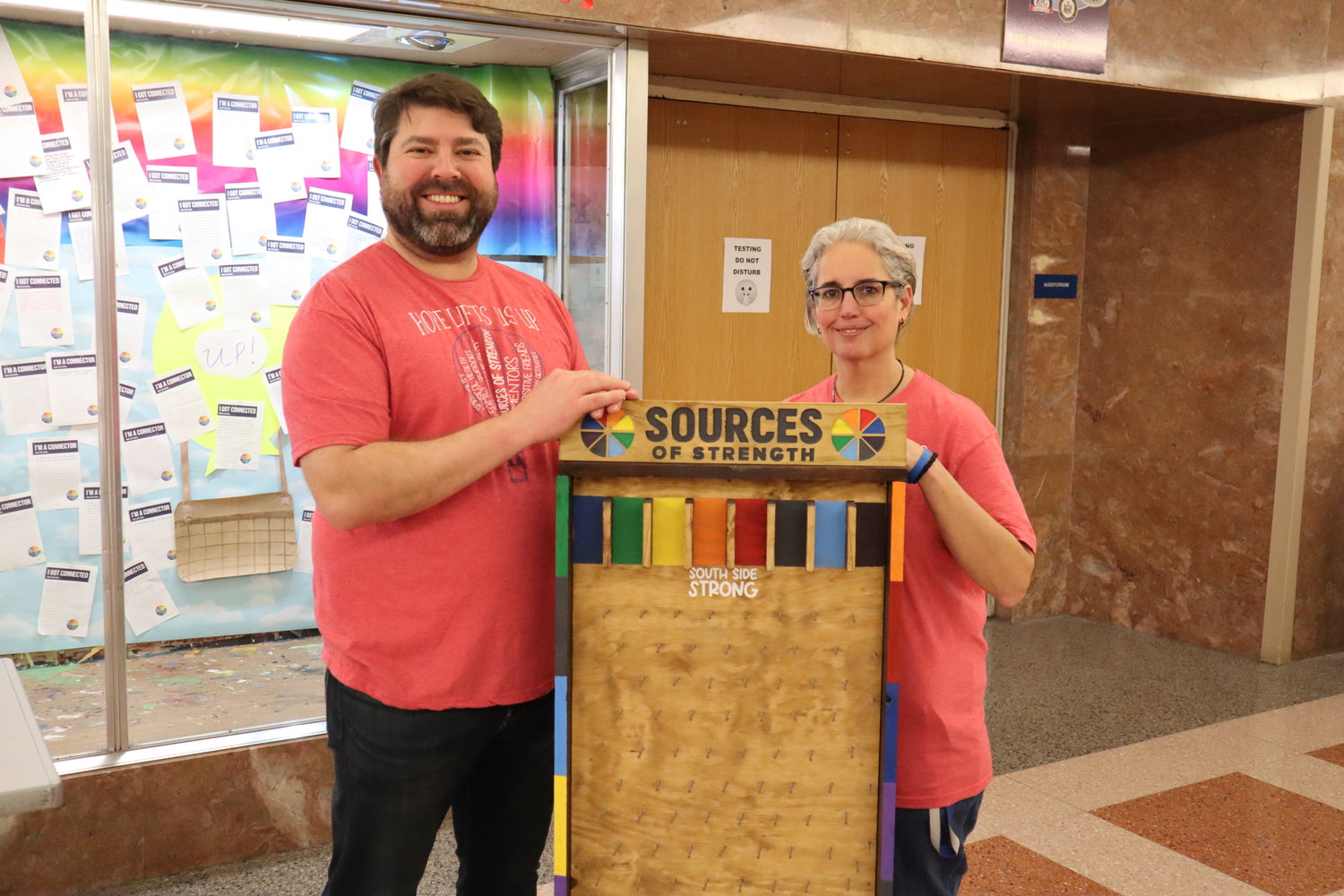 South Side High psychologist Gordon Wood and social worker Nicole Knorr showcased a ‘plinko’-style game that encouraged students to share their Sources of Strength.