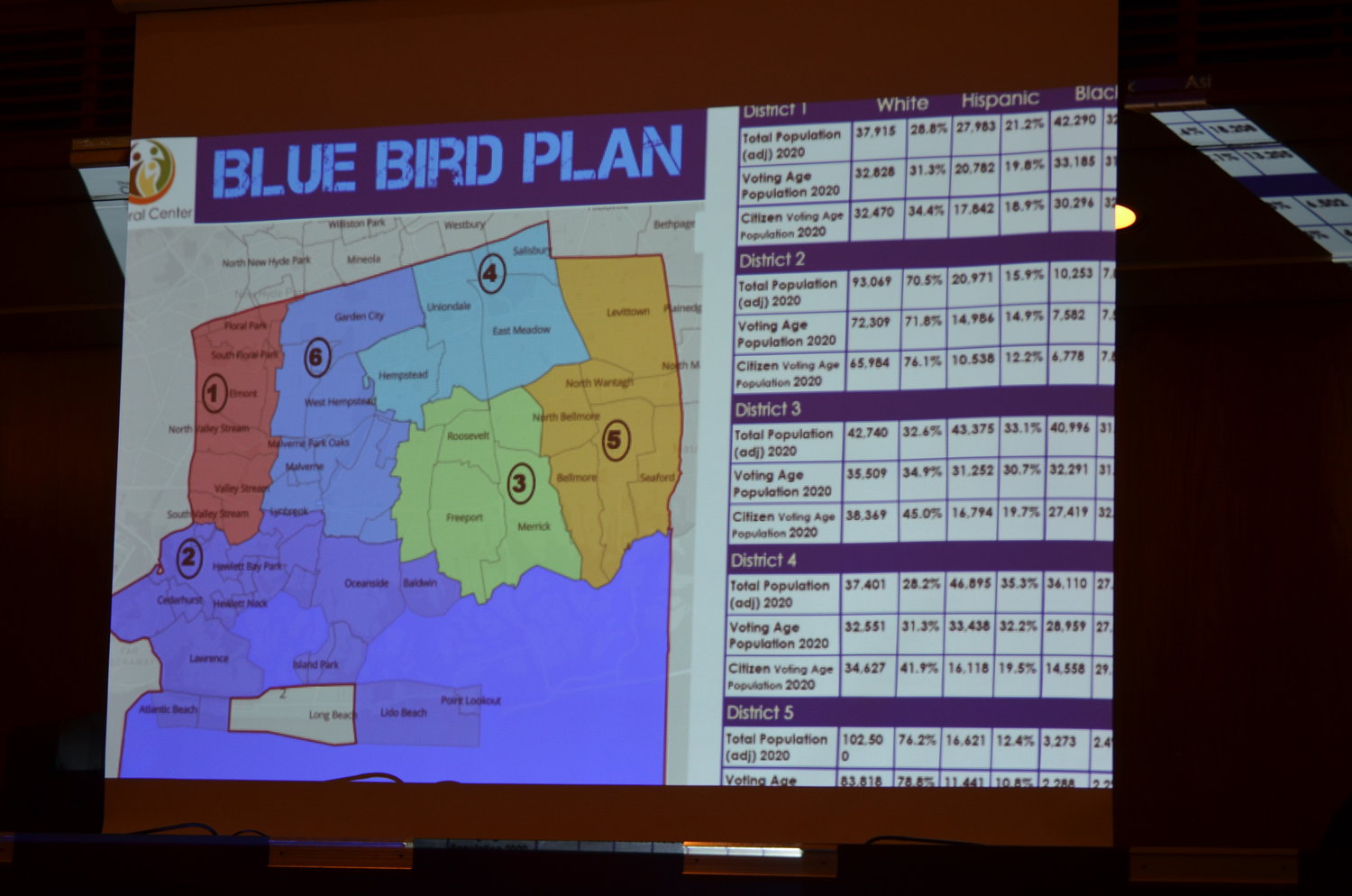 The Elmont Cultural Center’s “Blue Bird Plan” keeps Elmont and Valley Stream in one minority-majority district, while the Town of Hempstead’s proposed district maps does not. The proposed map created by Skyline Consulting has drawn criticism from civic groups and law experts for violating federal and state voting rights protections.