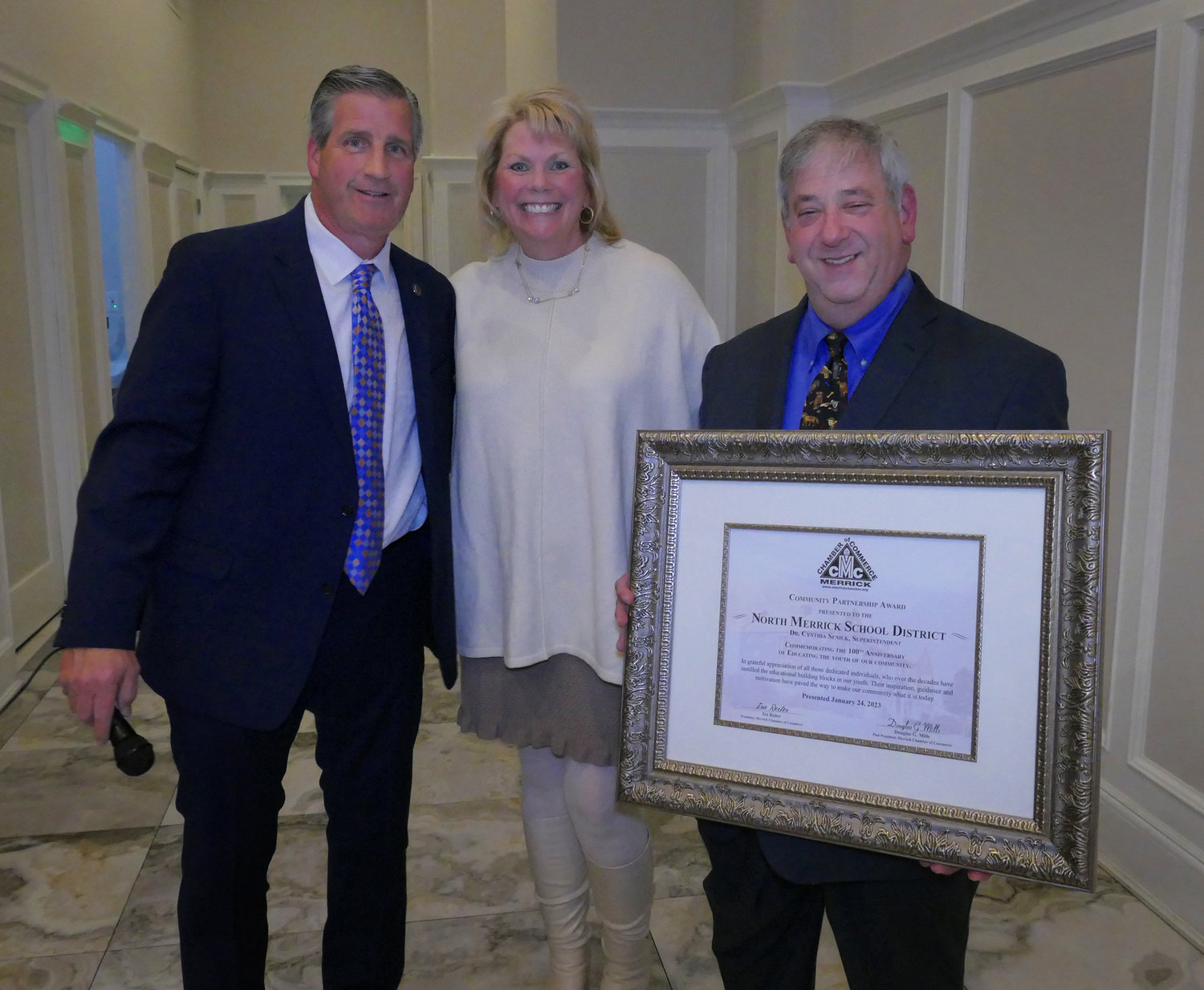 Both the Merrick and North Merrick School Districts were honored at the installation. North Merrick Superintendent Cynthia Seniuk accepted the award from the Chamber.