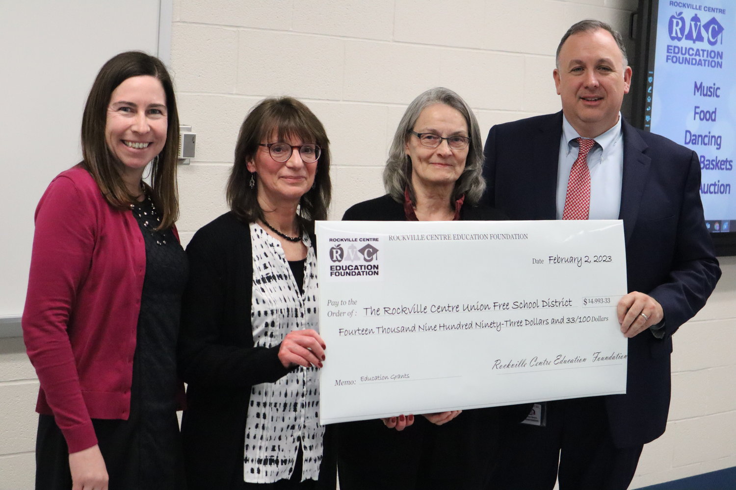 The Rockville Centre Education Foundation presented nearly $15,000 in donations to Superintendent Matthew Gaven at the Board of Education meeting on Feb. 2.
