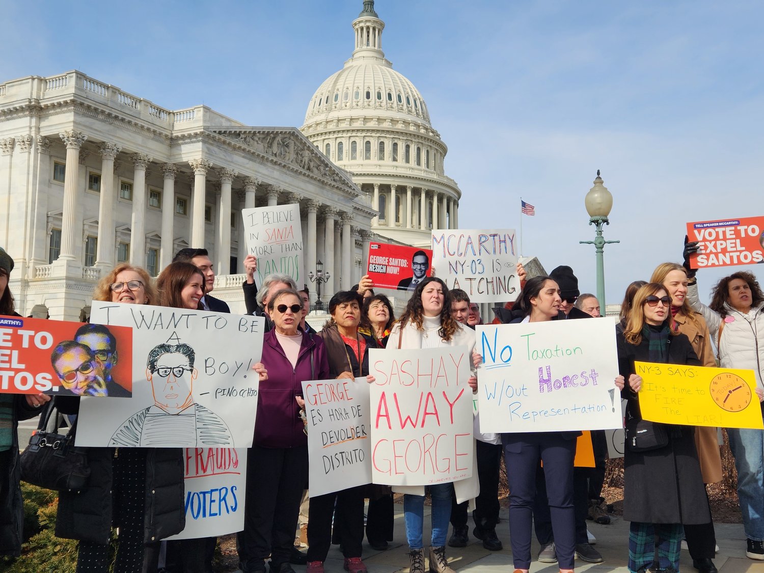 Protesters who live and work in Rep. George Santos’s congressional district traveled to the nation’s capital on Tuesday ahead of President Biden’s State of the Union address to express their frustration with the embattled congressman.