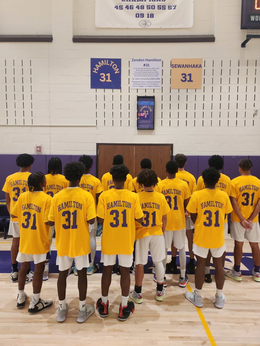 The Sewanhaka High School varsity basketball team wore shirts with the number ‘31’ to honor Zendon Hamilton on Jan. 27.