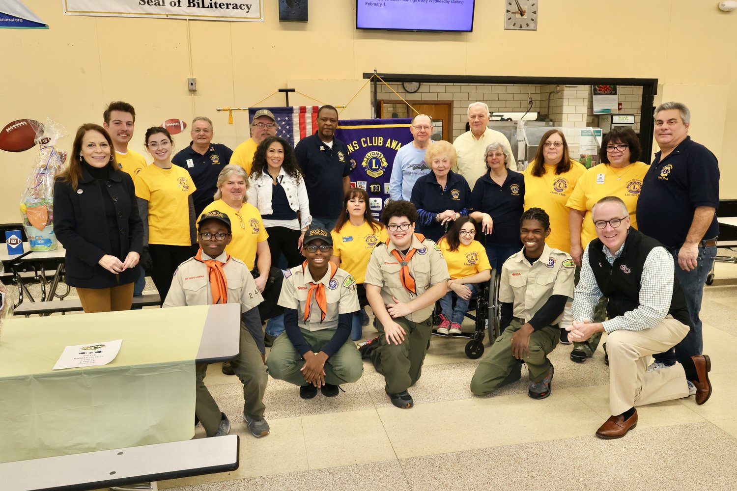 Town of Hempstead Supervisor Don Clavin, front row, right, with the Lions Club at the Super Bowl pancake breakfast on Feb. 12.