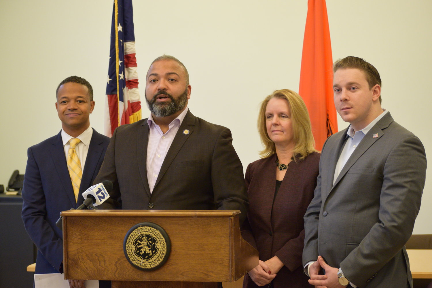 State Sen. Kevin Thomas, second from left, was joined by Nassau County Legislators Carrié Solages, far left, Debra Mulé and Joshua Lafazan at a news conference to discuss the county’s freezing of property tax assessments for a third consecutive year. County Executive Bruce Blakeman had pledged to fix the entire system of assessments while campaigning against Laura Curran.