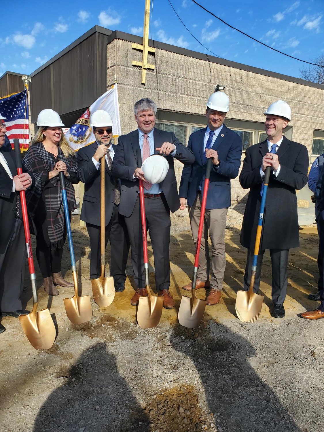 Mayor Keith Corbett, center, with village trustees at the groundbreaking of the new Malverne Police Department headquarters, which will be completed in about a year.