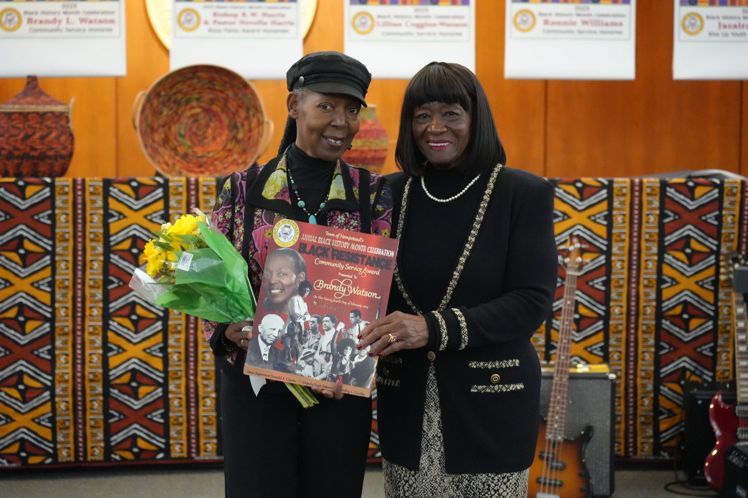Brandy Watson, left, was one of the several honorees recognized by Hempstead Deputy Town Supervisor Dorothy Goosby for her dedication to community service. Watson is the president and chair of the Hempstead Community Land Trust.