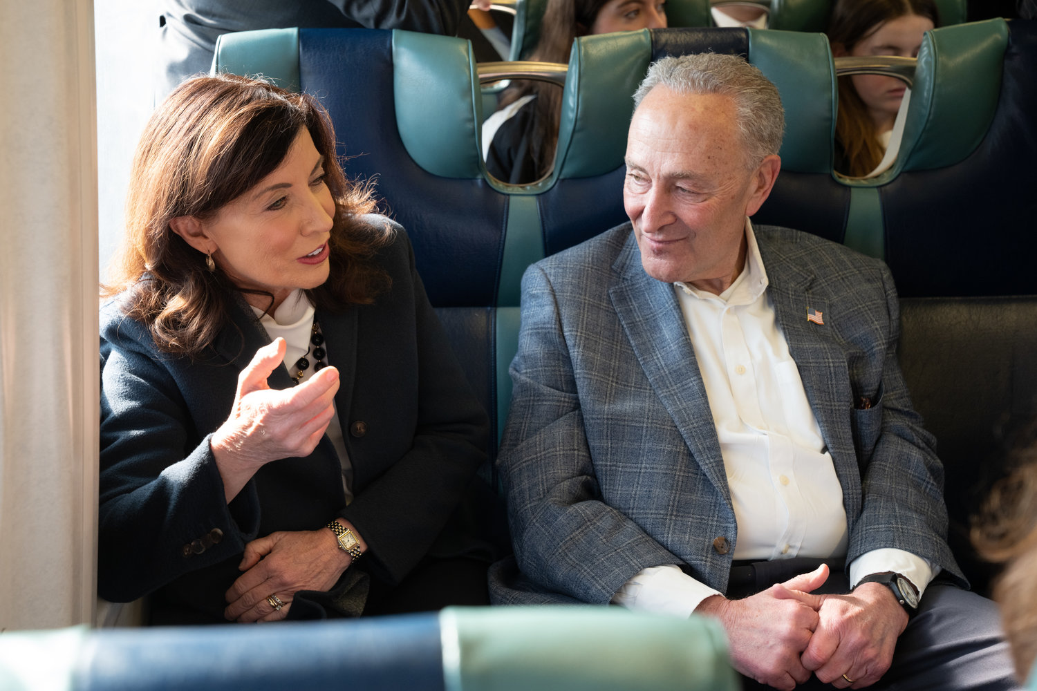 Gov. Kathy Hochul, and U.S. Senate Majority Leader Charles Schumer take a train from Grand Central Madison last month to celebrate the opening of the terminal.