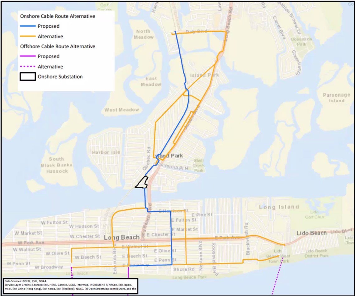 The proposed Equinor cable will be routed beneath Long Beach and up to a substation in the Island Park marina. It will continue from there to the E.F. Barrett Power Plant, where it will connect to the power grid.