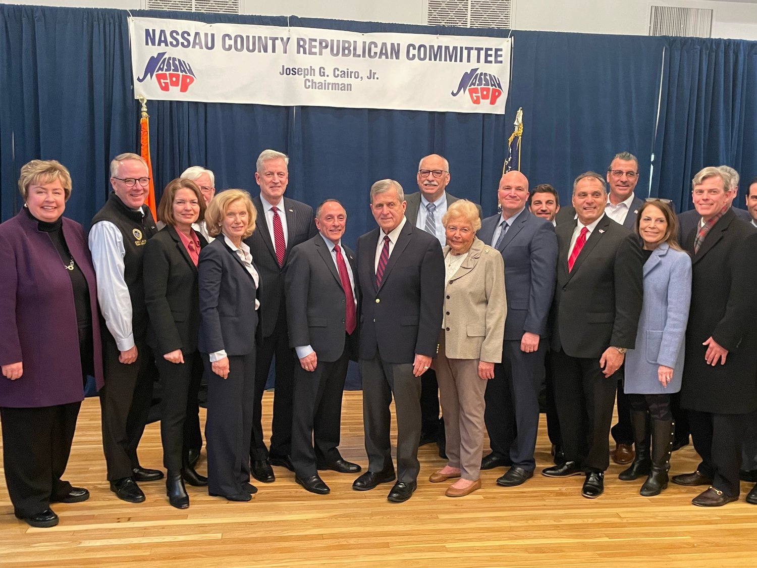 Michael Giangregorio, seventh from left, was elected to succeed State Sen. Steve Rhoads in the Nassau County Legislature’s 19th District in a special election on Feb. 28. He defeated Democrat Rob Miles, and will assume office as soon as the vote is certified.