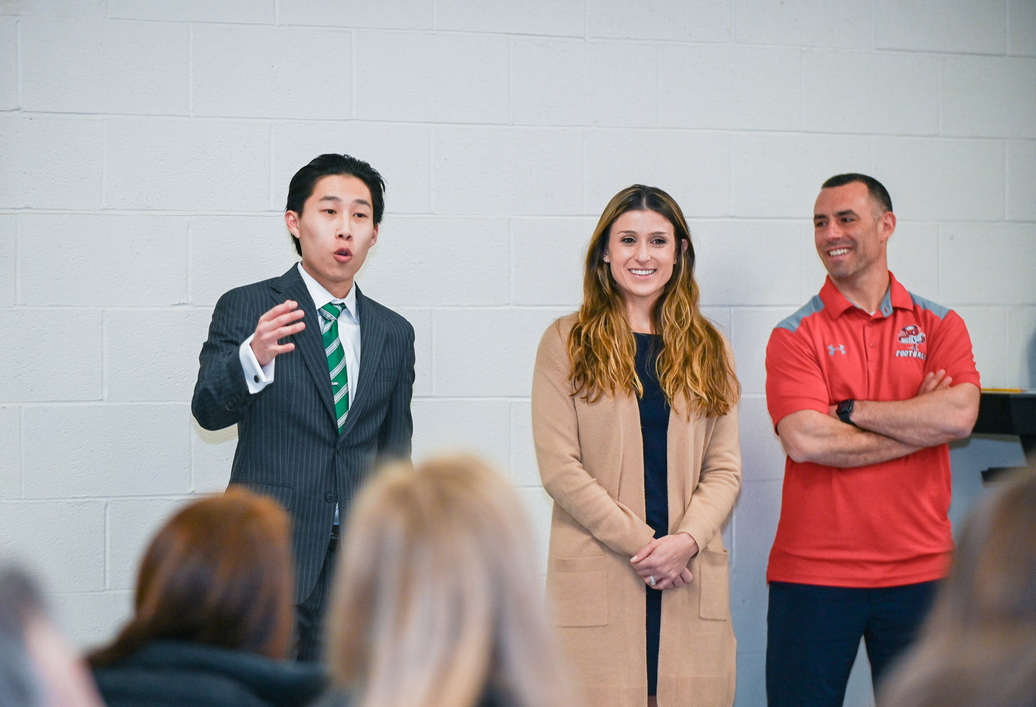 South Side 2018 graduate Joe MacNair, wearing tie, returned to talk about what he learned at the high school. With him were teachers Gina Kadar and Brian Manolakes.