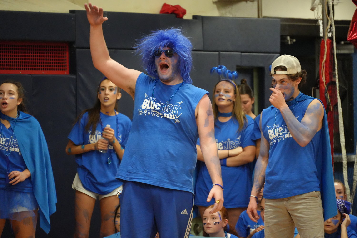 Sean Sandhaas, a South Side High School senior, gets into the spirit of the annual Red and Blue competition.