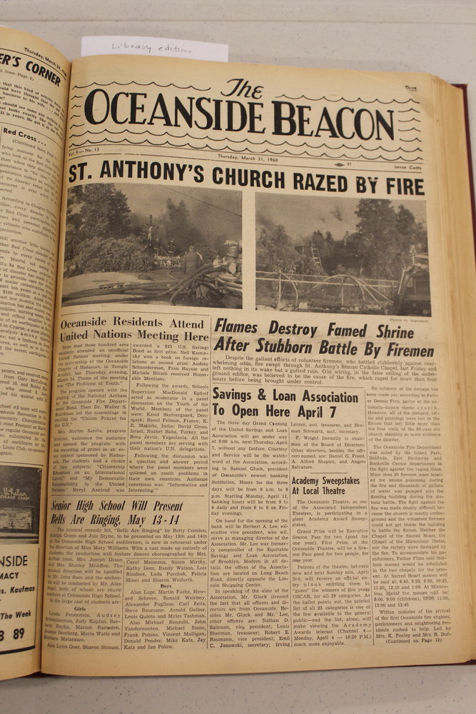 This page detailing St. Anthony’s church fire, and other fascinating Oceanside history, will be accessible online to read more about early next year. History librarian Erin McCauley was drawn to the old fire coverage of two notable places — Leavens Pharmacy and St. Anthony’s Church. ‘It was always a mystery’ to her, she said, of how the underground grotto became consumed in flames. Now she has the recollection of that day on that day at her fingertips.