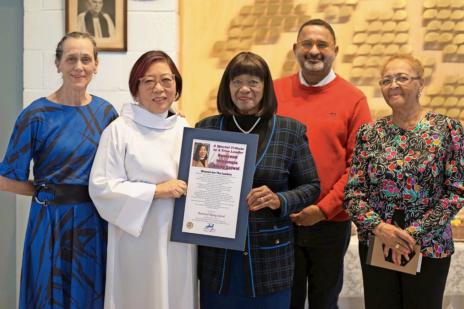 Deputy Town Supervisor Dorothy L. Goosby presented Rev. Imlijungla Sojwal with a citation for service at St. George’s Episcopal Church, Hempstead. From left, Reine Bethany, St. George’s warden, Sojwal, Goosby, Milind Sojwal, the reverend’s husband, and Evelyn Meade, St. George’s senior warden.