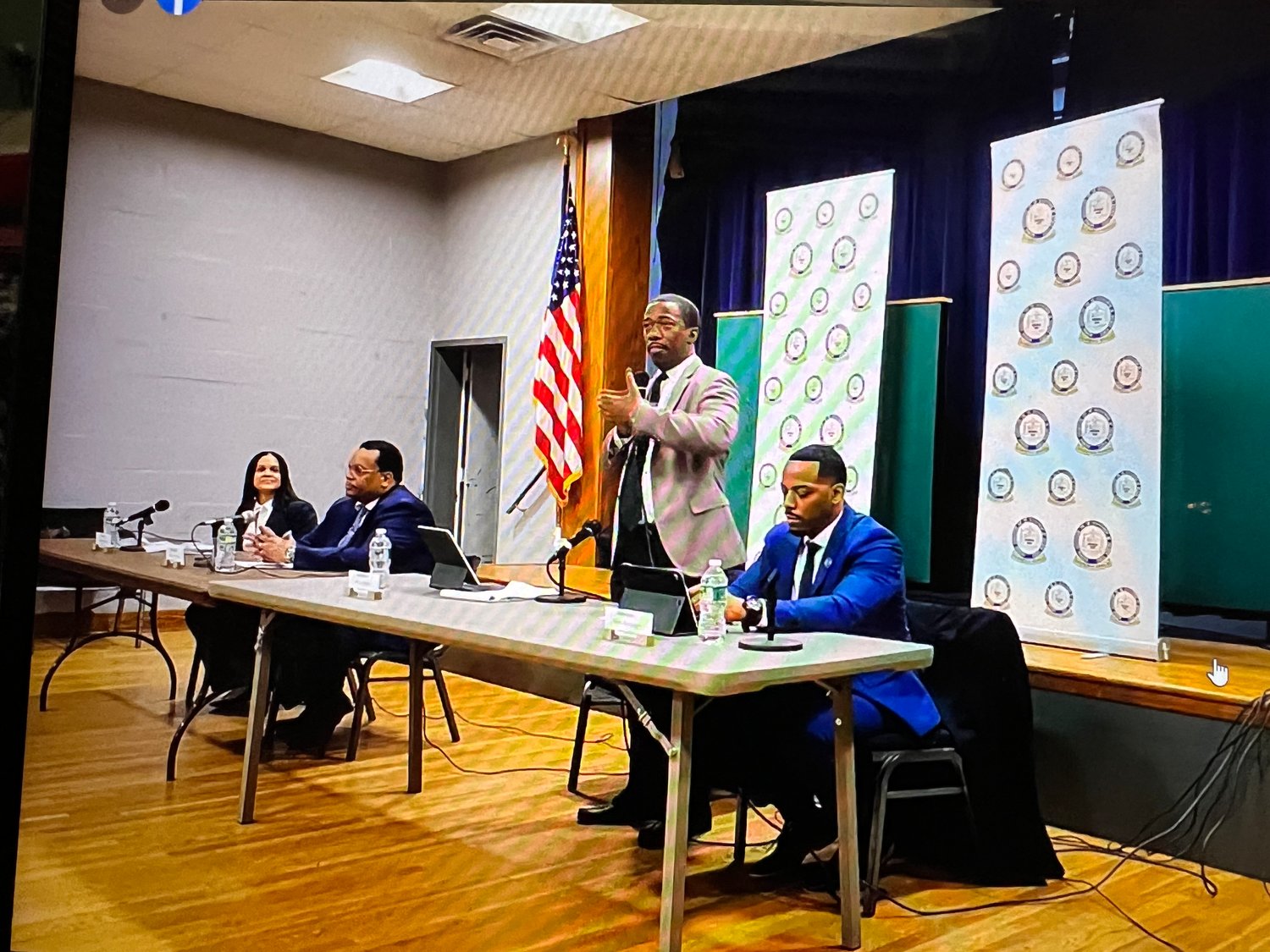 Candidates for two village trustee seats answered questions at a forum in Kennedy Park on March 6. L-R, Dr. Joylette Williams, Lamont E. Johnson, Deputy Mayor Jeffery Daniels, and Trustee Noah Burroughs.