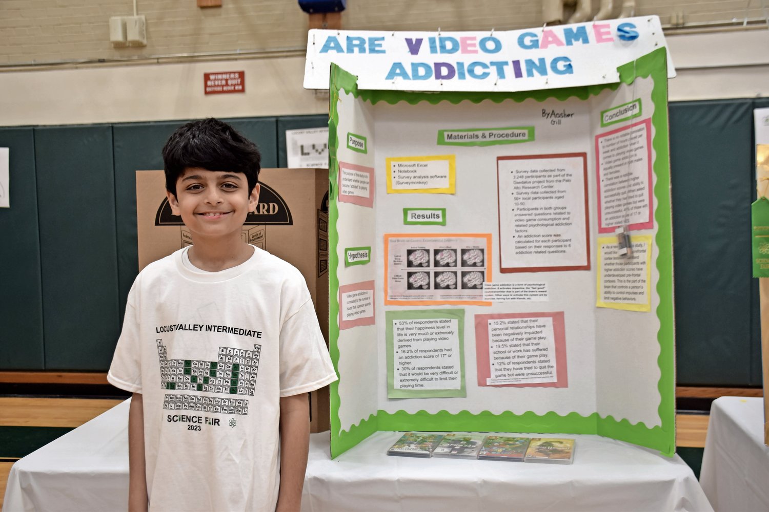 Fifth-grader Aasher Gill won first place in his grade with his project on the addictiveness of video games.