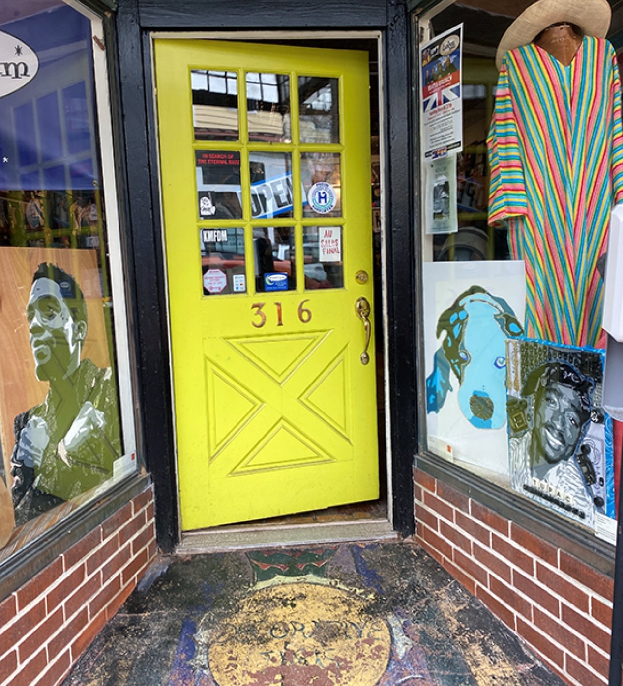 From April 6 to 28, student art, like these pieces in the window of Moonshot Emporium in Sea Cliff, will hang in stores around the hamlet and in Glen Head.