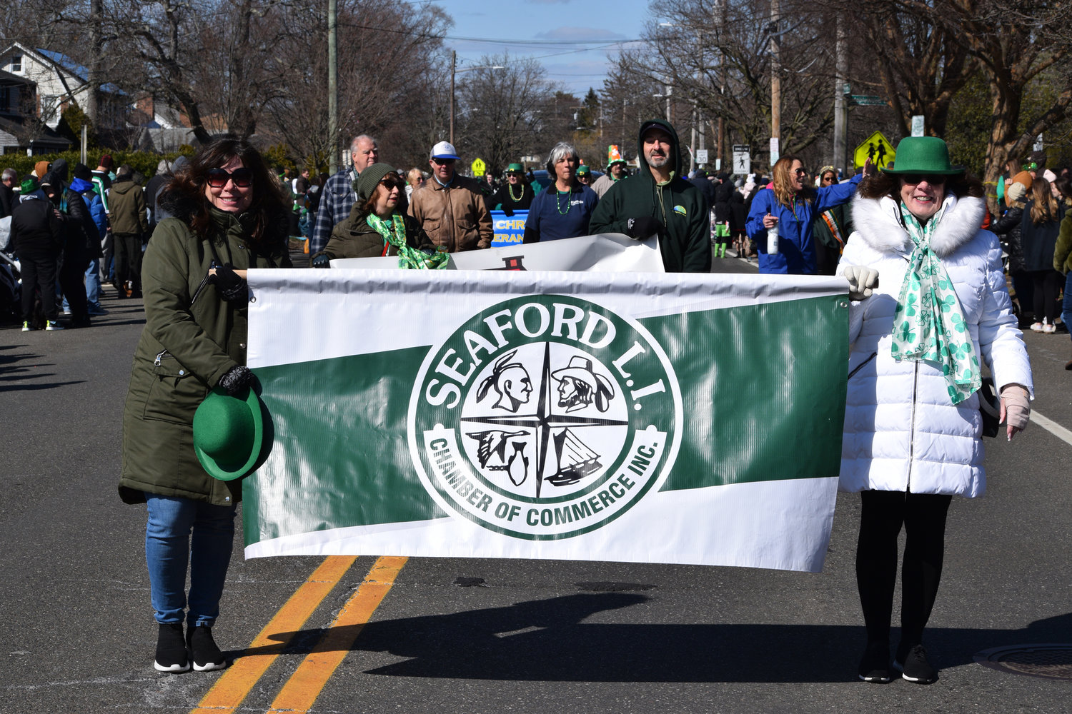 The Seaford Chamber of Commerce was one of the many organizations from the greater Wantagh-Seaford area to join in the festivities of the Wantagh St. Patrick’s Day parade. Chamber Vice President Donna Jebaily and President Margaret Grub proudly marched down Wantagh Avenue with the chamber banner.