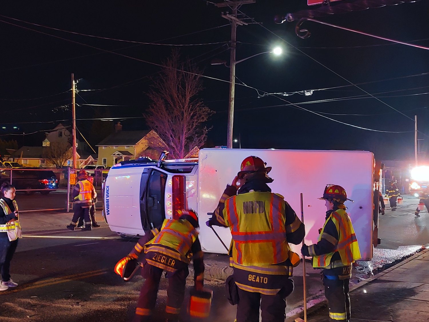 Emergency services responded to an overturned ambulance early Saturday morning. The accident occurred at the intersection of Newbridge Road and Camp Avenue, just down the road from Mepham High School.