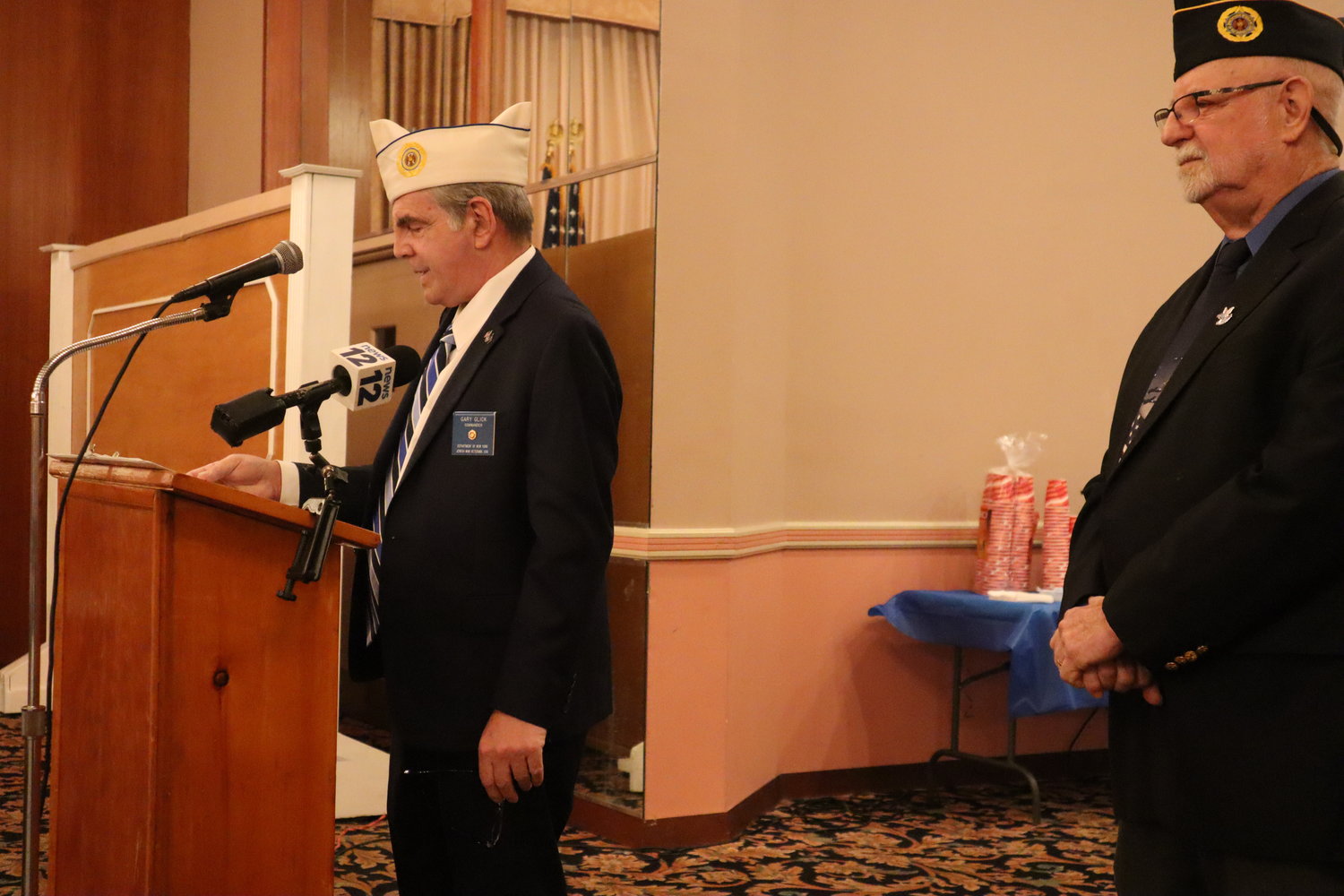 Gary Glick, commander of the Department of New York Jewish War Veterans, delivers his message about the organization’s 127-year history combating hate regarding Jews in the military. He also spoke about the uncertainty of the group’s future in the face of rising antisemitism.