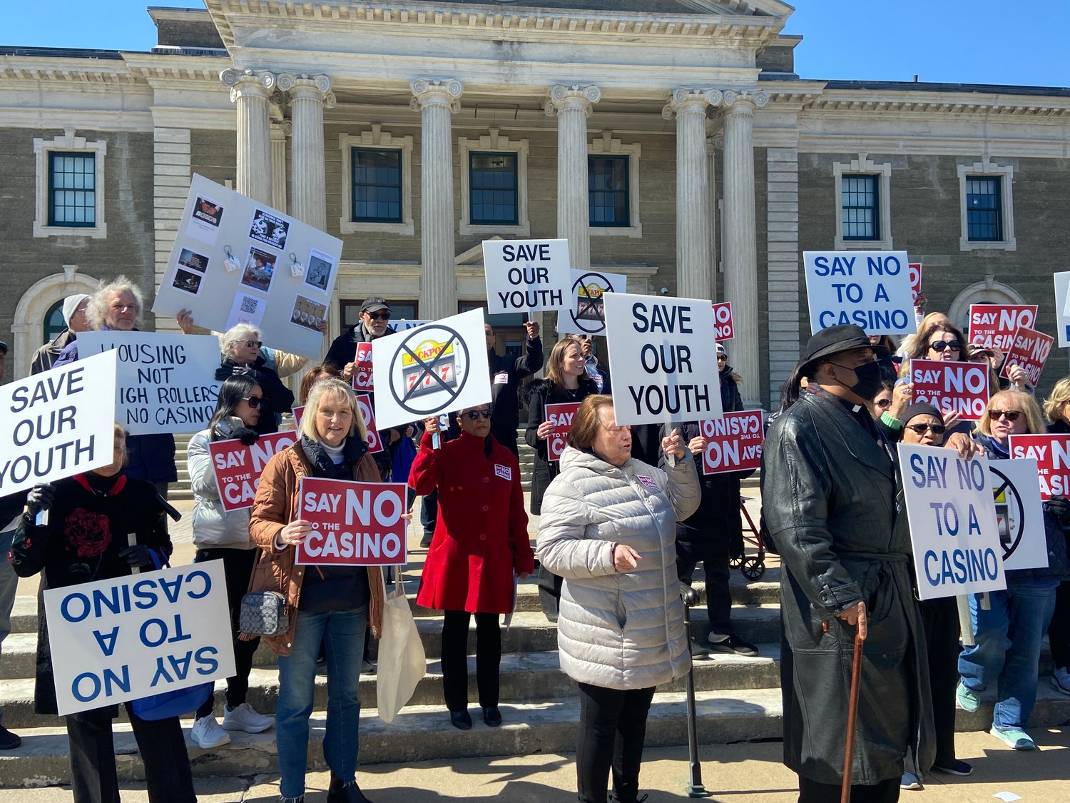People rallied outside the Nassau County legislative building in Mineola on March 20, calling on County Executive Bruce Blakeman and the Legislature to say no to the proposed Las Vegas Sands casino at the Coliseum.