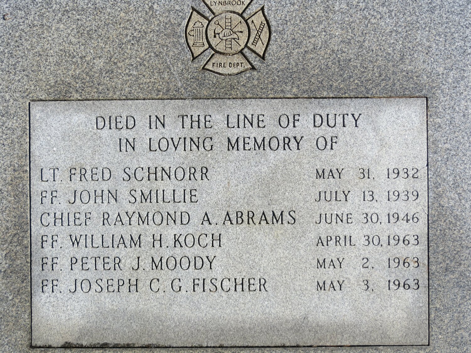 The stone marker at the Firefighter’s Memorial with the names of those killed in the line of duty.