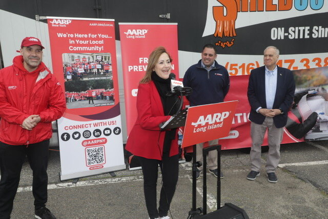 From left to right Bernard Macias, Associate State Director - Long Island AARP NY, speaking Beth Finkel, State Director, AARP NY, US House of Representative Anthony D'Esposito and NYS Comptroller Thomas DiNapoli.