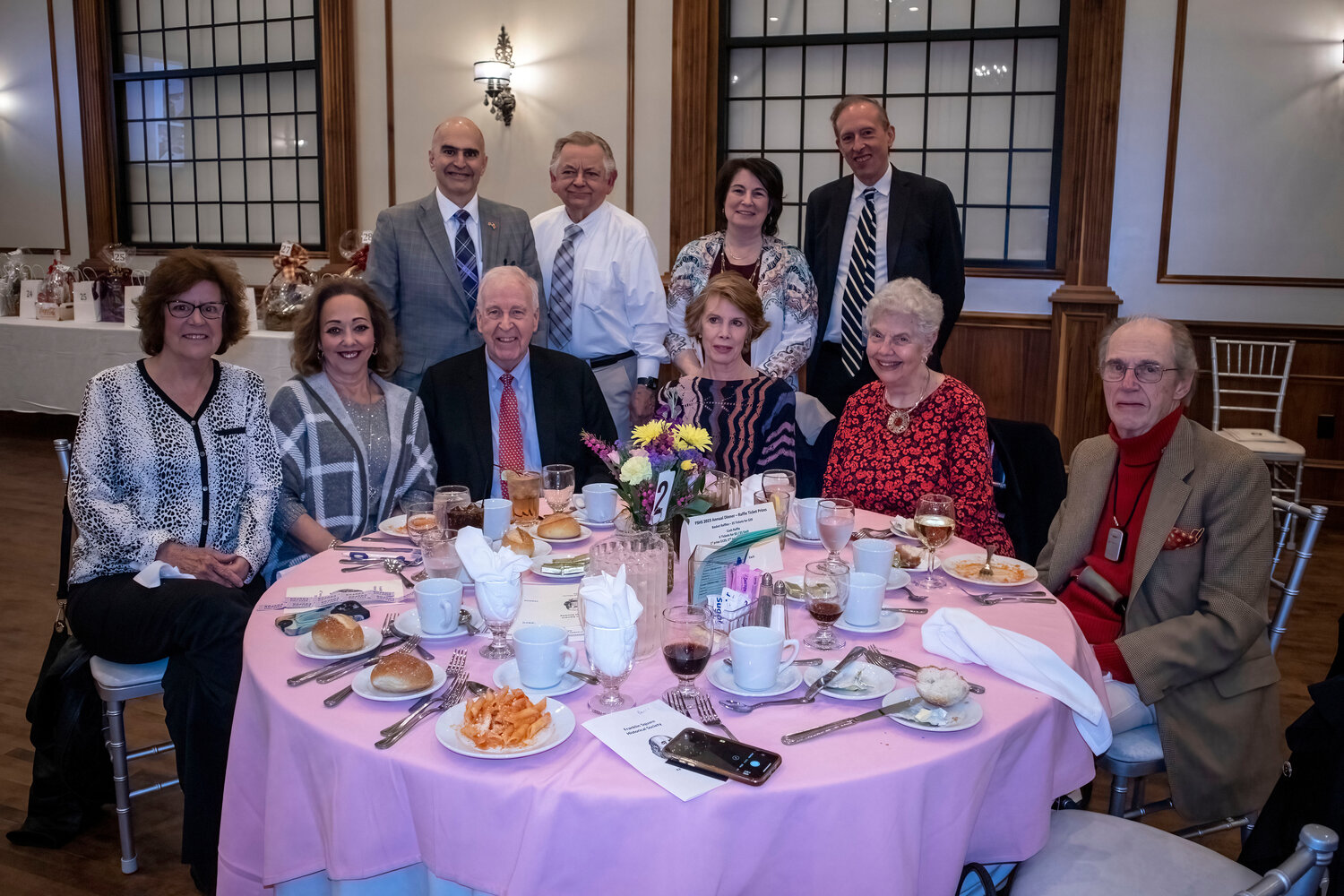 Janet Adams, sitting left, Jackie Vita, Kemp Hannon, Bronwen Hannon, Franklin Square Museum director Patricia Galaskas, Frank Perunko, Nassau County Legislator John Giuffre,  standing left, Franklin Square Historical Society secretary William Youngfert, Ellen M. van Wie and Dr. Paul van Wie celebrated the honorees and the community’s history at the annual dinner on April 26.
